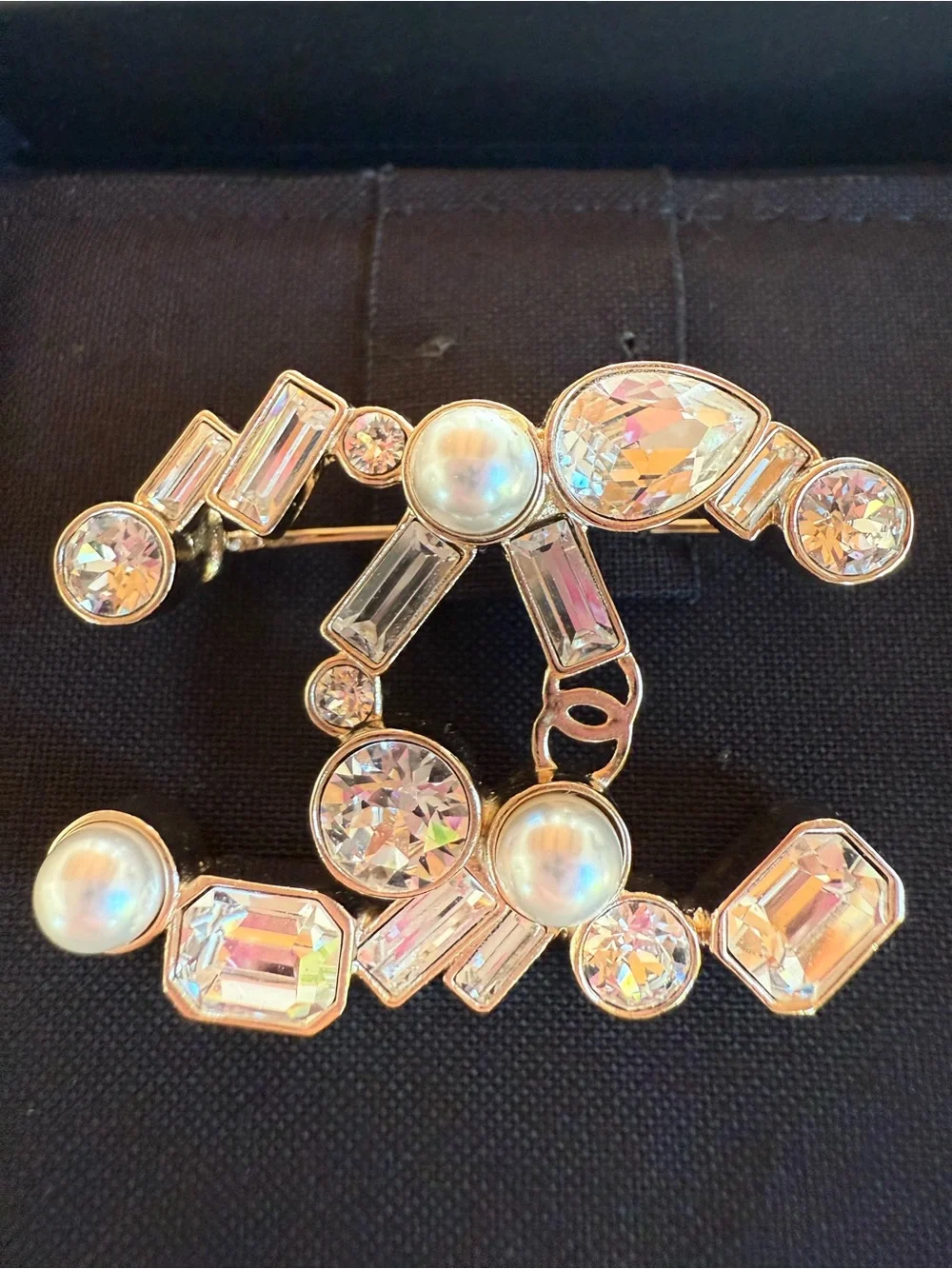 CHANEL Gold-Tone Double-C Brooch with Pearls and Clear Stones